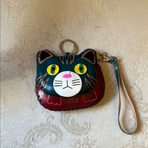 Handcrafted Aruba leather whimsical cat wallet, wristlet, keychain